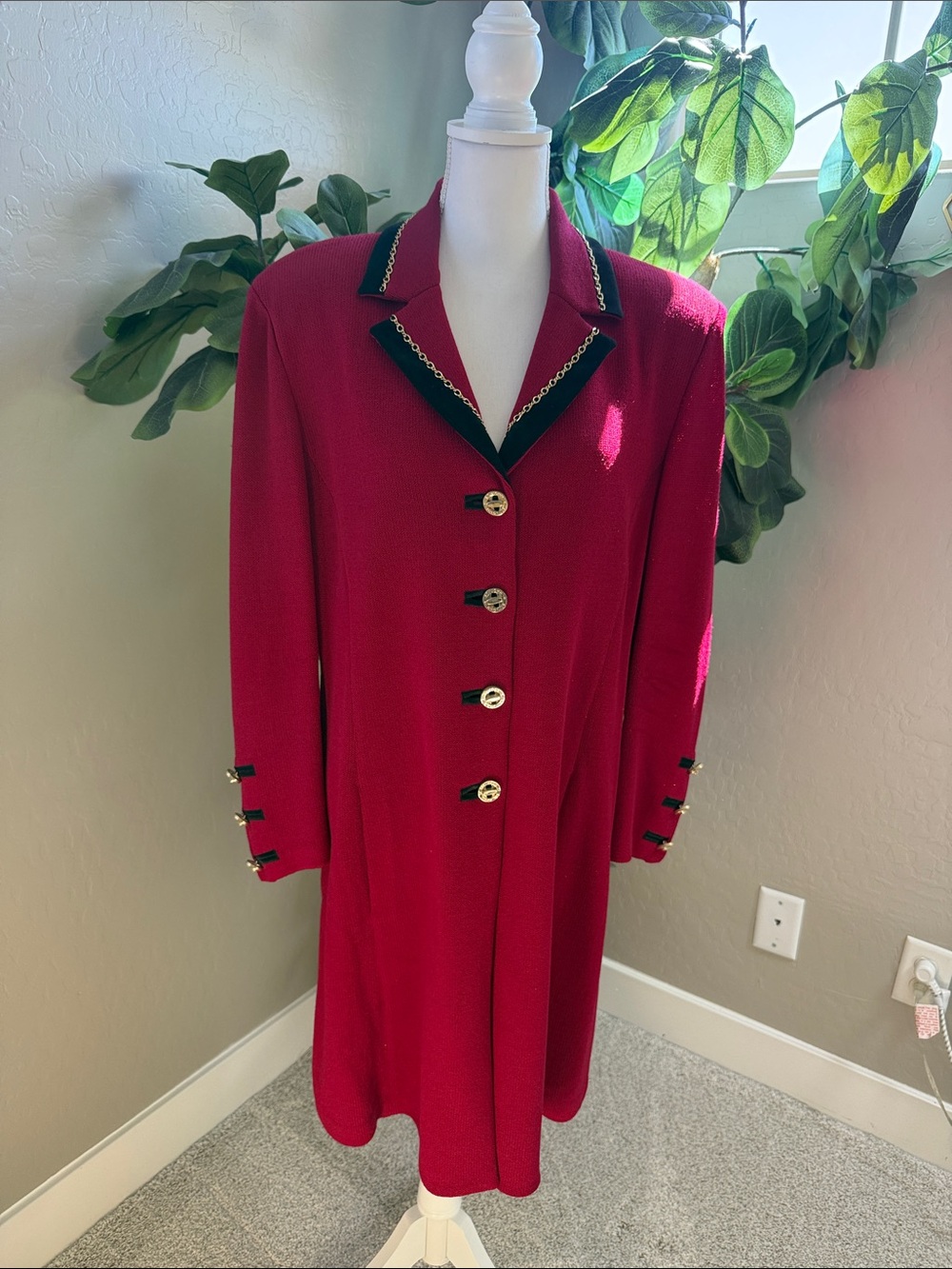 St John Classic Long Knit Red Coat with Black Trim